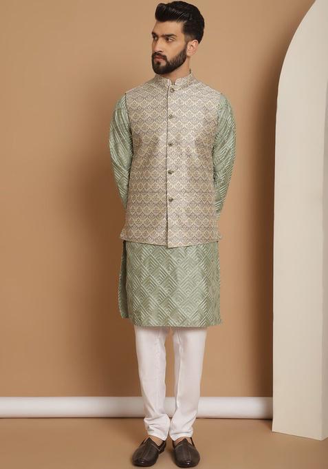 Olive Embroidered Silk Kurta Set For Men