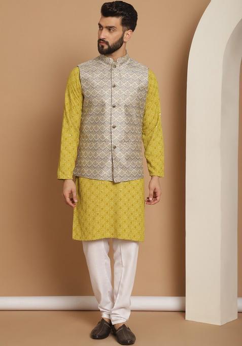 Green Embroidered Cotton Kurta Set For Men