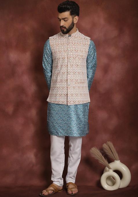 Blue Printed Silk Kurta Set For Men