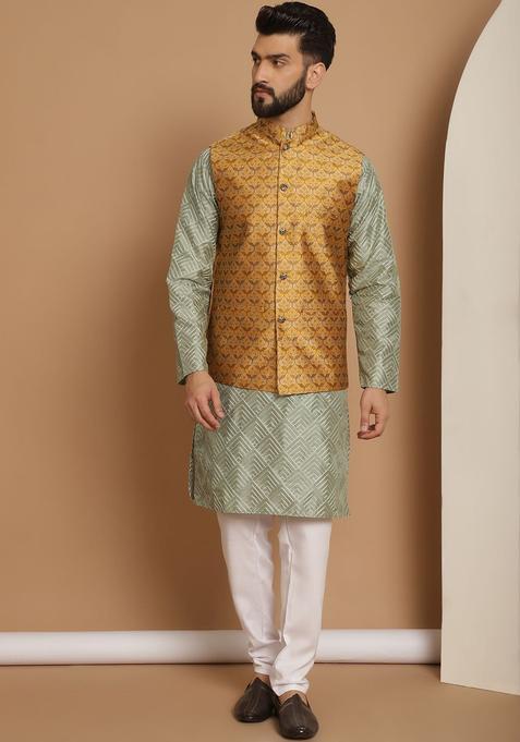 Olive Embroidered Silk Kurta Set For Men