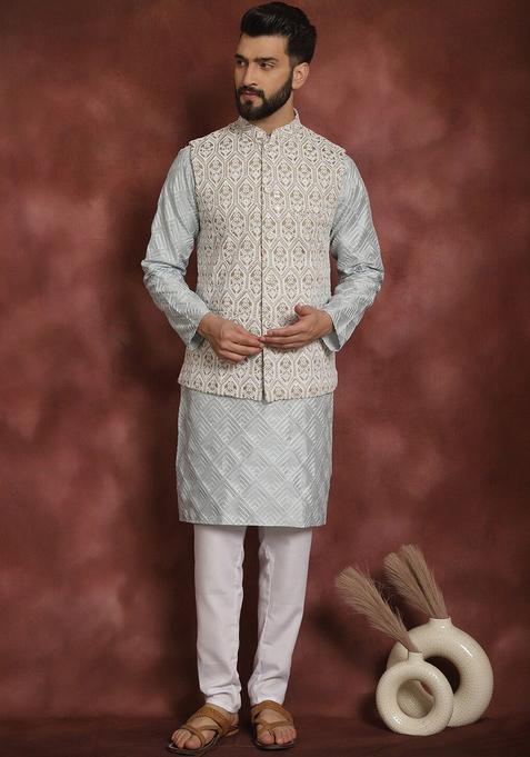 Grey Embroidered Silk Kurta Set For Men
