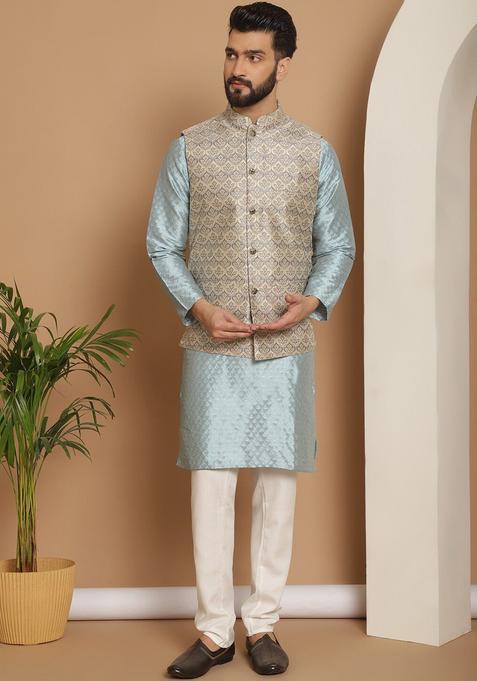 Blue Woven Design Silk Kurta Set For Men