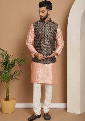 Pink Embroidered Silk Kurta Set For Men
