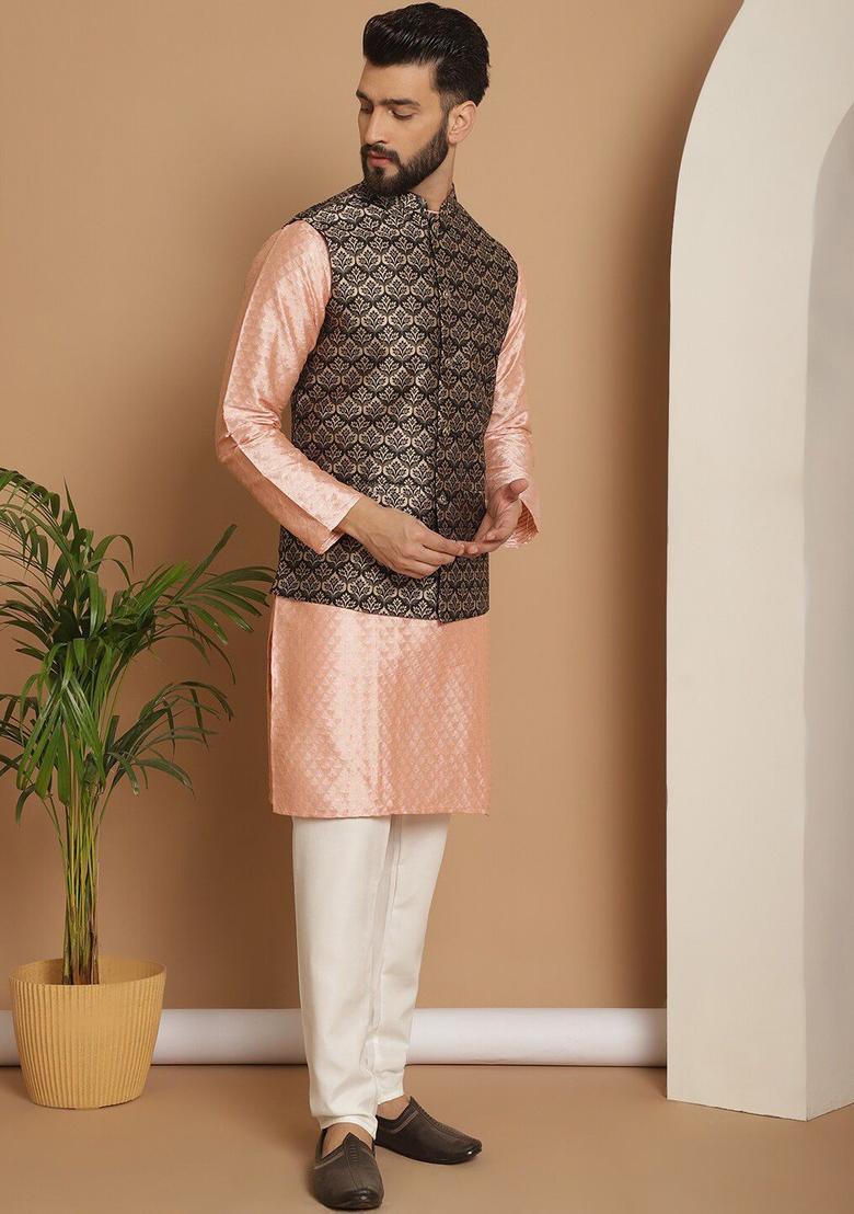 Pink Embroidered Silk Kurta Set For Men - Indya