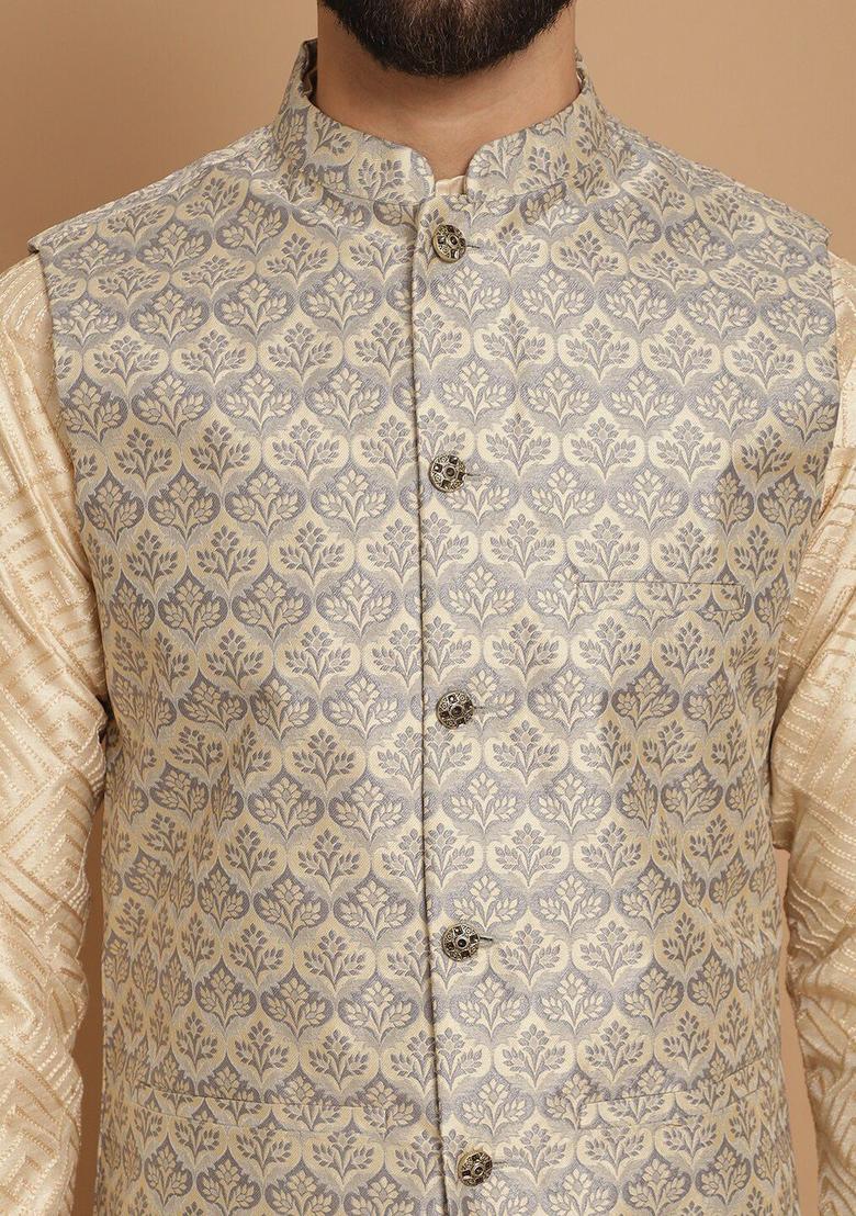Beige Embroidered Silk Kurta Set For Men - Indya