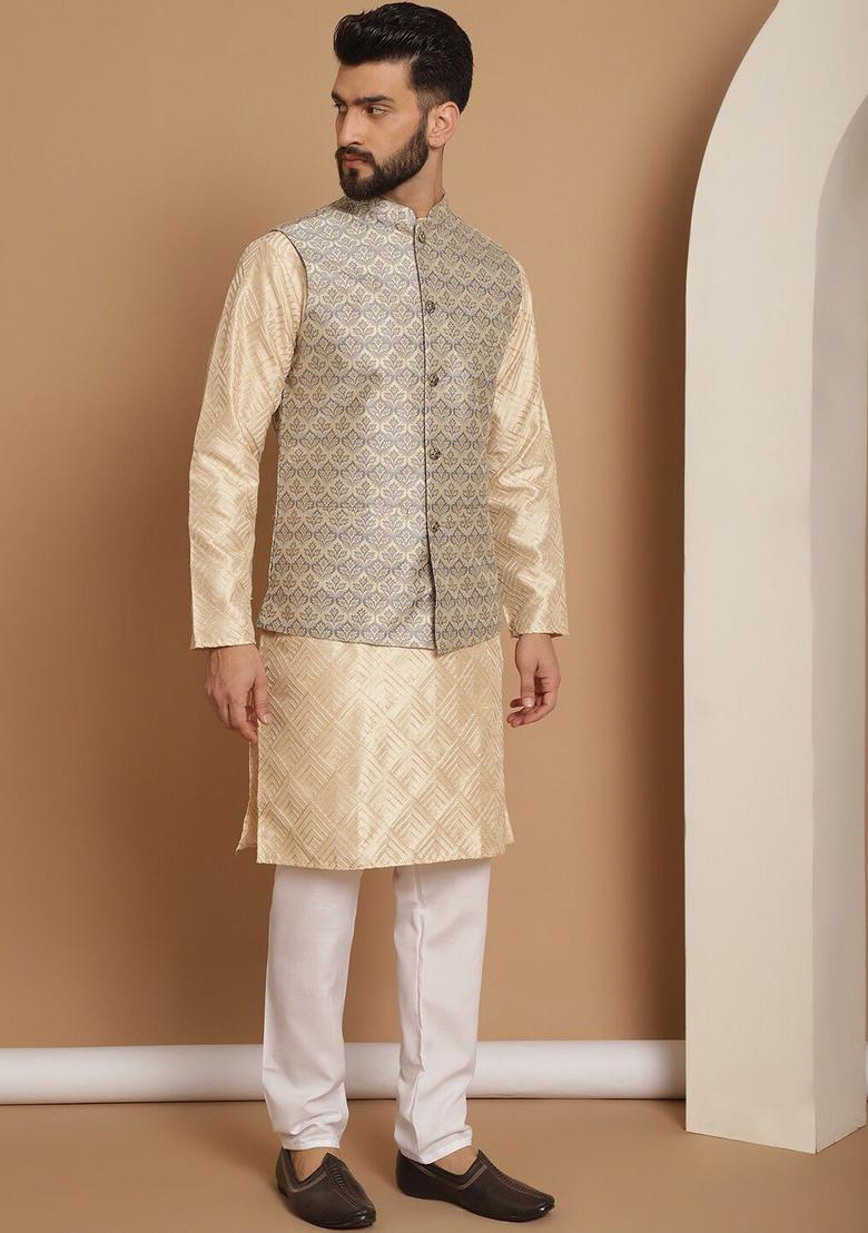 Beige Embroidered Silk Kurta Set For Men - Indya