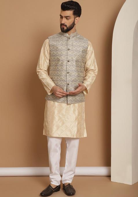 Beige Embroidered Silk Kurta Set For Men