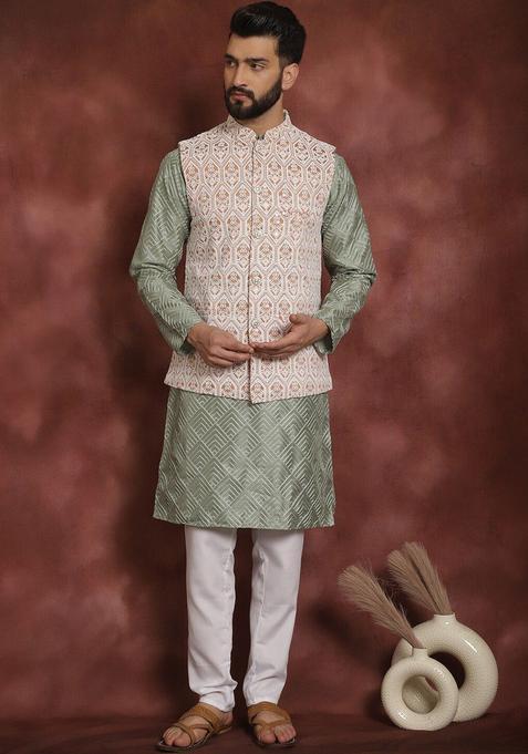 Olive Embroidered Silk Kurta Set For Men
