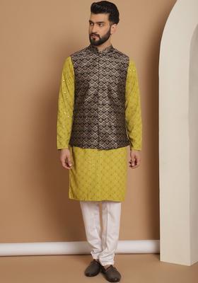 Green Woven Design Cotton Kurta Set For Men