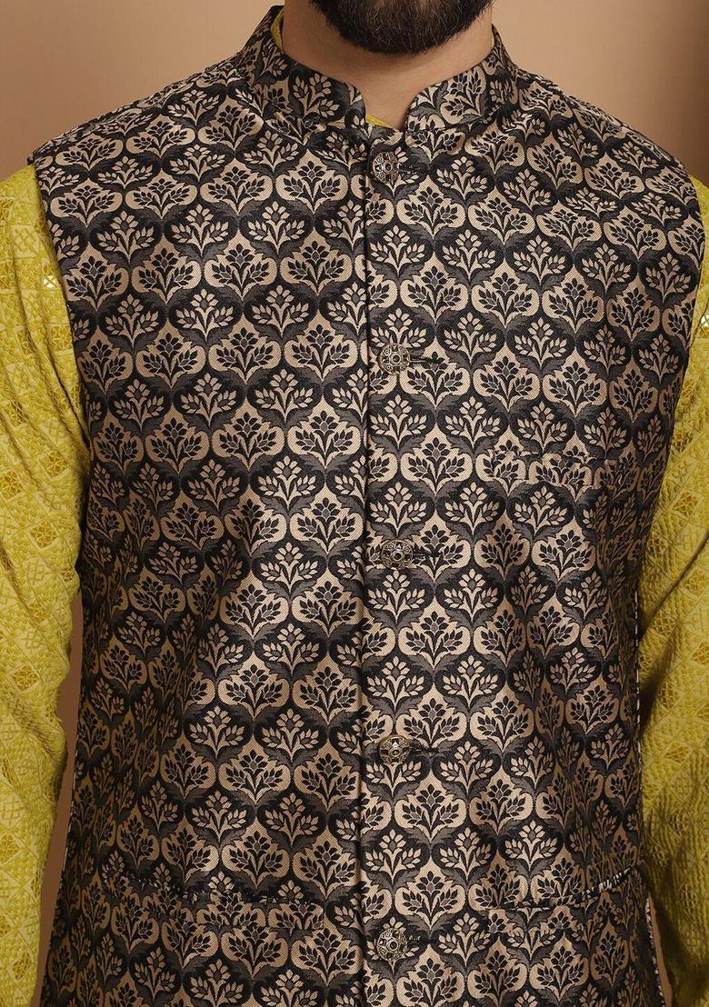 Green Woven Design Cotton Kurta Set For Men - Indya