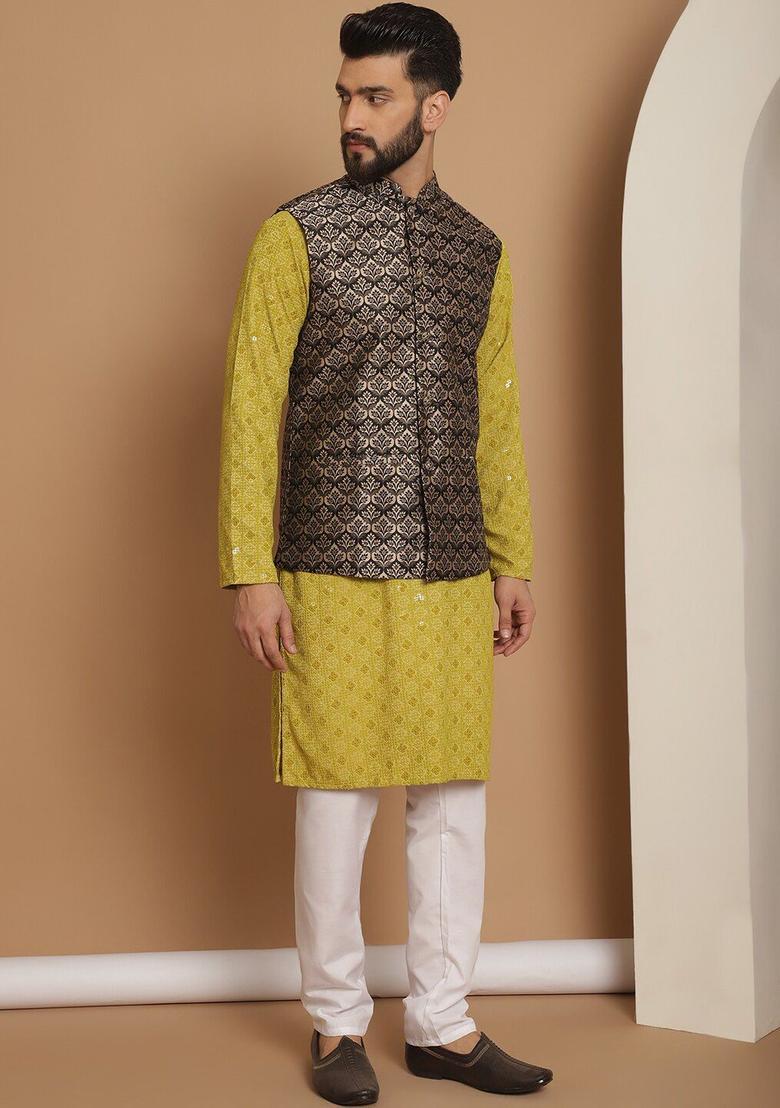 Green Woven Design Cotton Kurta Set For Men - Indya
