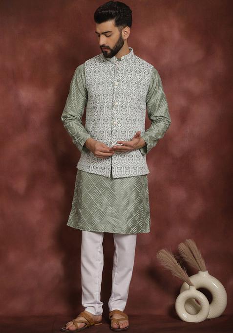 Olive Woven Design Silk Kurta Set For Men