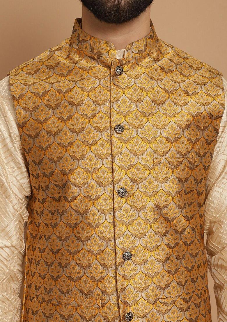 Beige Embroidered Silk Kurta Set For Men - Indya