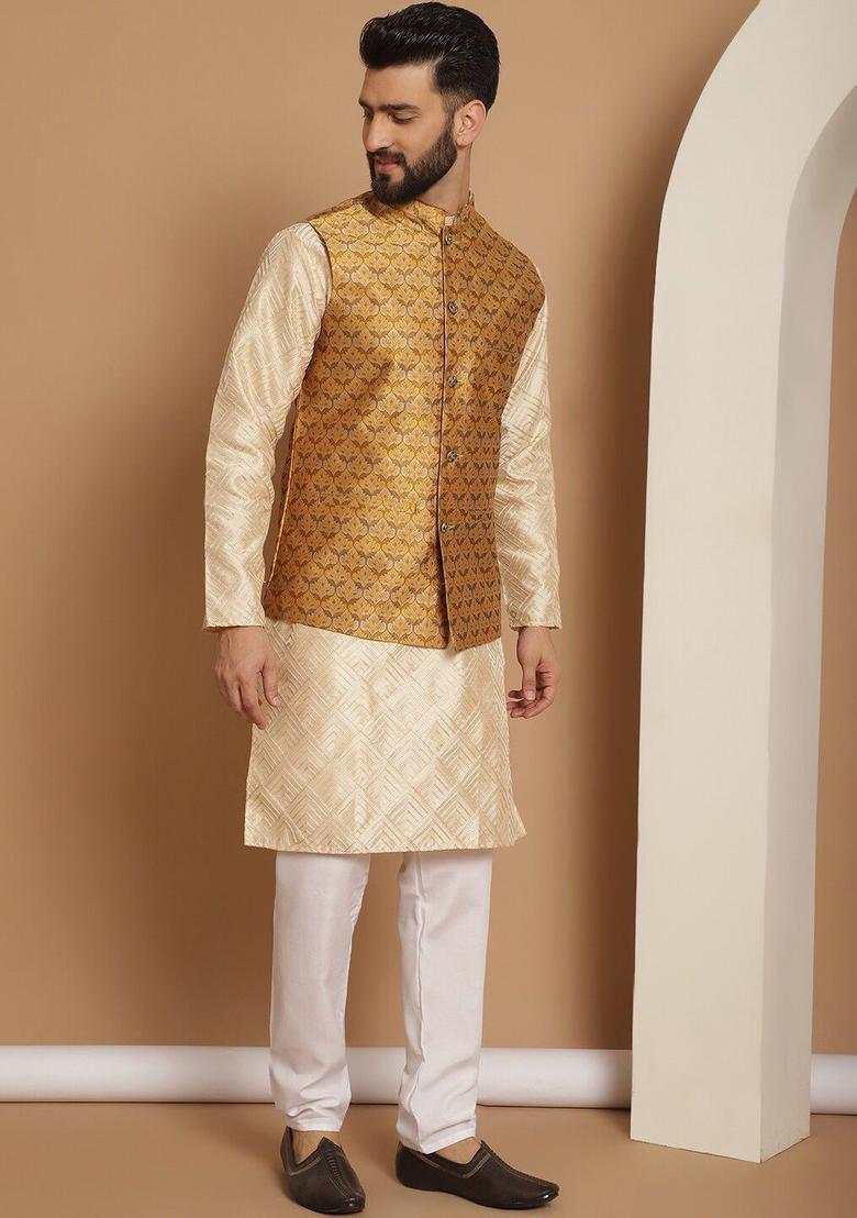 Beige Embroidered Silk Kurta Set For Men - Indya