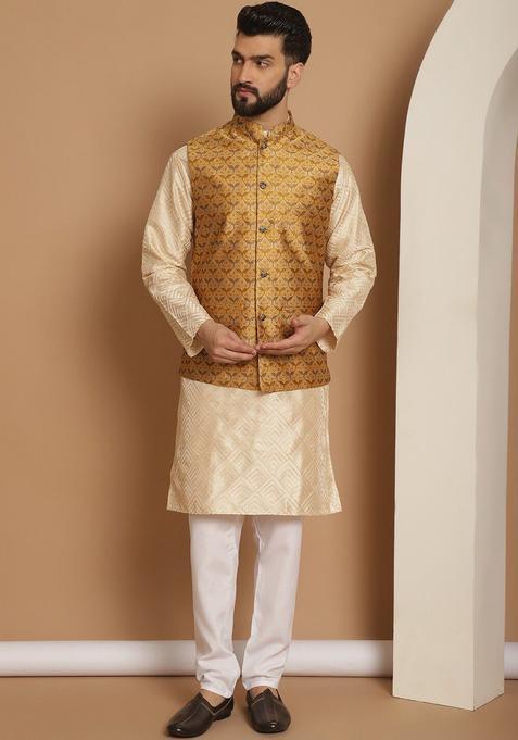 Beige Embroidered Silk Kurta Set For Men
