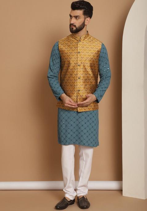 Blue Embroidered Cotton Kurta Set For Men