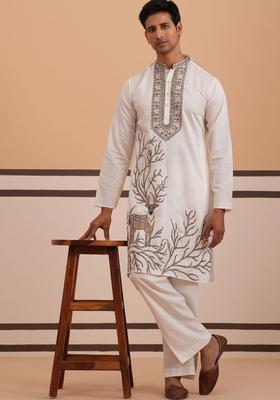 White Embroidered Silk Kurta Set For Men