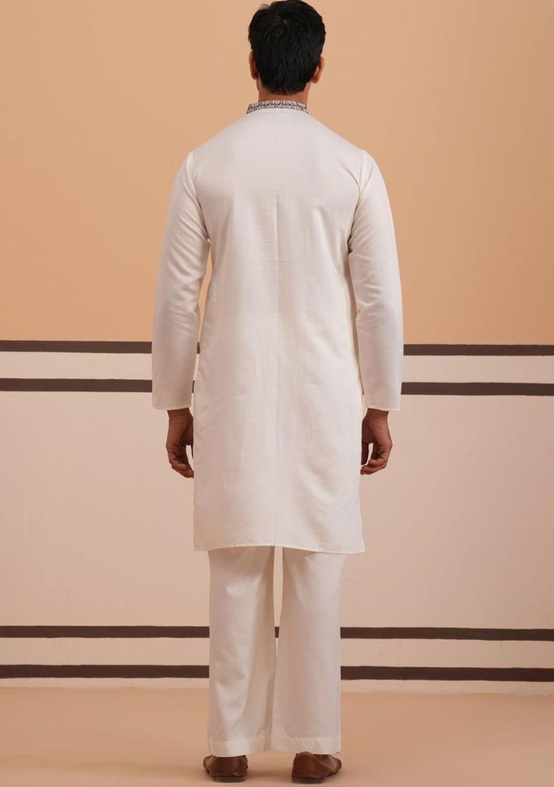 White Embroidered Silk Kurta Set For Men - Indya
