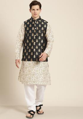 Beige Printed Silk Blend Kurta Set For Men