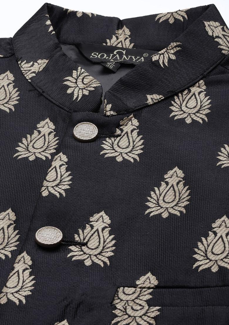 Beige Printed Silk Kurta Set For Men - Indya