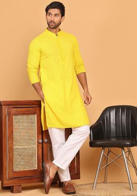 Yellow Embroidered Viscose Kurta Set For Men