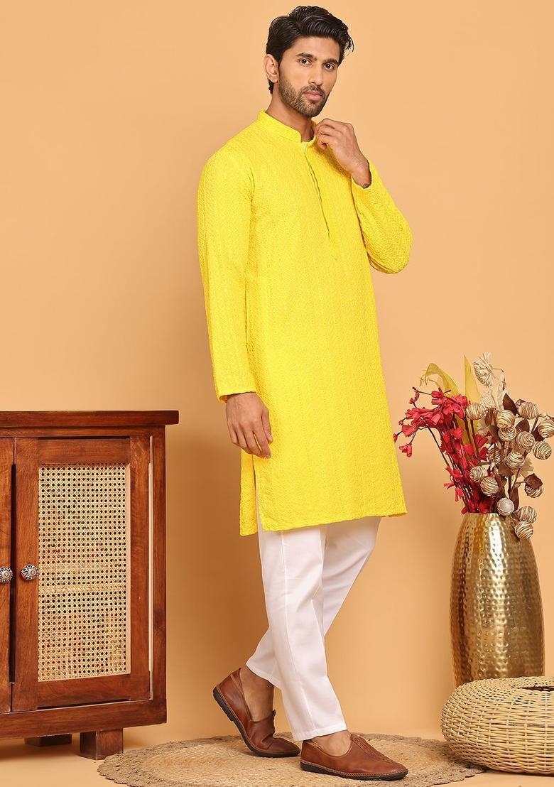 Yellow Embroidered Viscose Kurta Set For Men - Indya