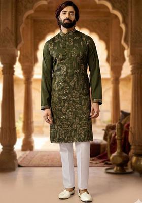 Olive Embroidered Silk Kurta Set For Men