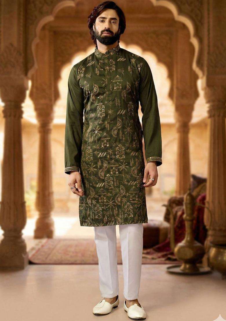 Olive Embroidered Silk Blend Kurta Set For Men - Indya