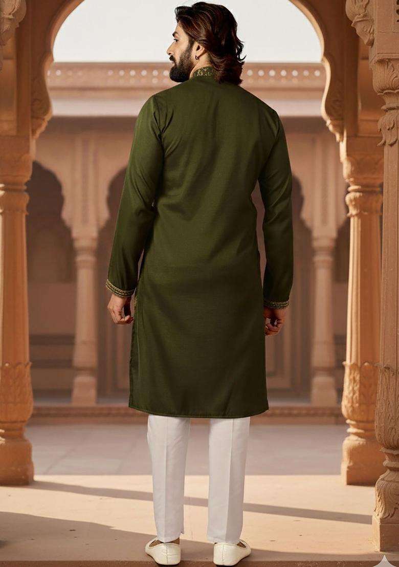 Olive Embroidered Silk Blend Kurta Set For Men - Indya