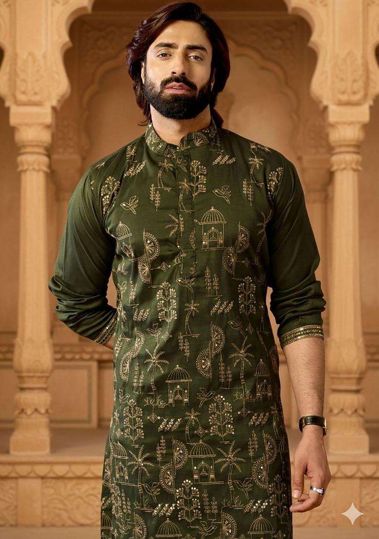 Olive Embroidered Silk Blend Kurta Set For Men - Indya