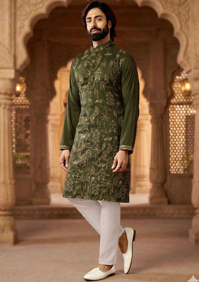 Olive Embroidered Silk Blend Kurta Set For Men - Indya
