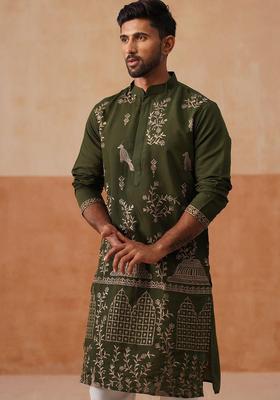 Olive Embroidered Silk Kurta Set For Men