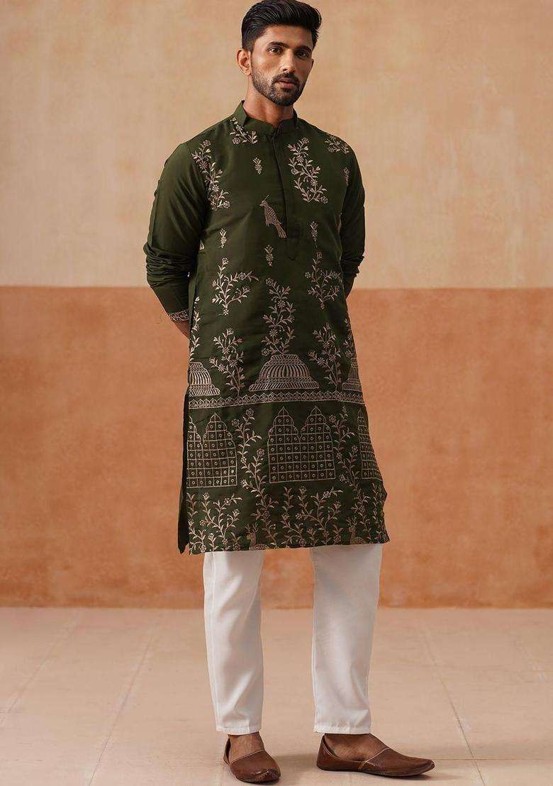 Olive Embroidered Silk Kurta Set For Men - Indya