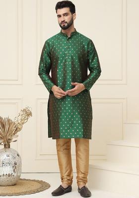 Green Woven Design Silk Kurta Set For Men