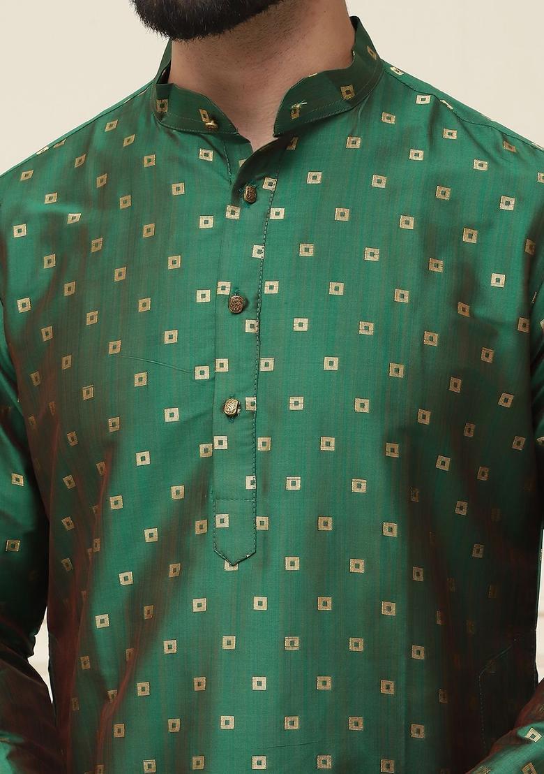 Green Woven Design Silk Kurta Set For Men - Indya