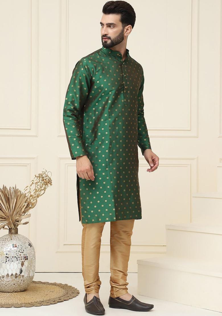 Green Woven Design Silk Kurta Set For Men - Indya