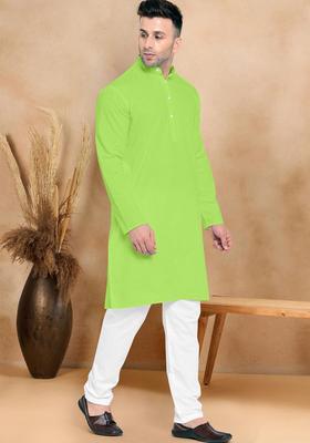 Lime Green Solid Cotton Kurta Set For Men