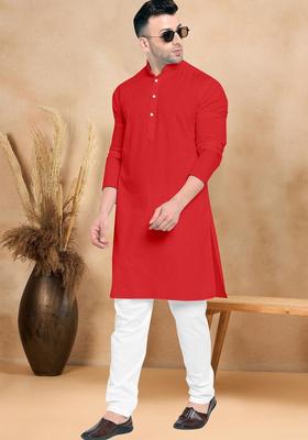 Red Solid Cotton Kurta Set For Men