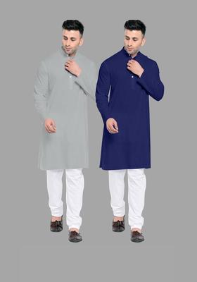 Navy Blue Solid Cotton Kurta Set For Men