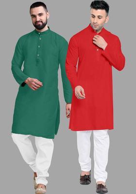 Red Solid Cotton Kurta Set For Men