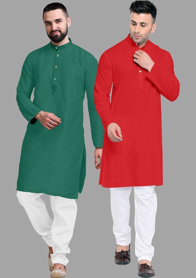 Red Solid Cotton Kurta Set For Men - Indya