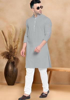 Grey Solid Cotton Kurta Set For Men