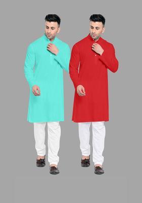 Red Solid Cotton Kurta Set For Men