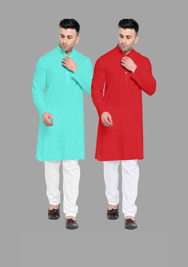 Red Solid Cotton Kurta Set For Men - Indya