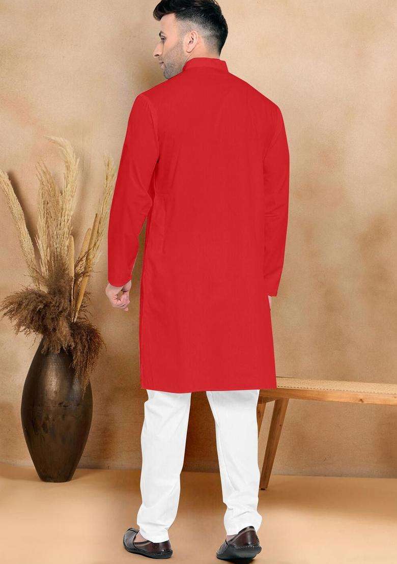 Red Solid Cotton Kurta Set For Men - Indya