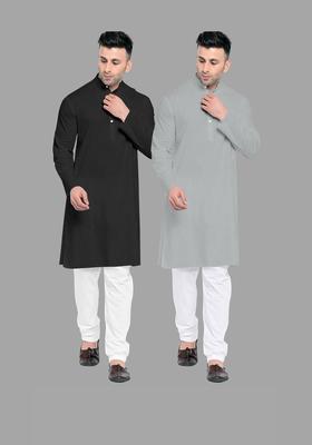 Grey Solid Cotton Kurta Set For Men