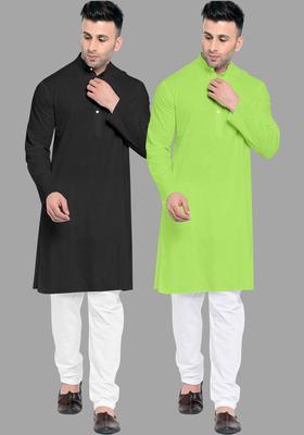 Lime Green Solid Cotton Kurta Set For Men