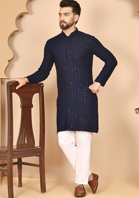 Navy Blue Embroidered Viscose Kurta Set For Men