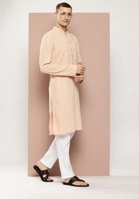 Beige Embroidered Viscose Kurta Set For Men