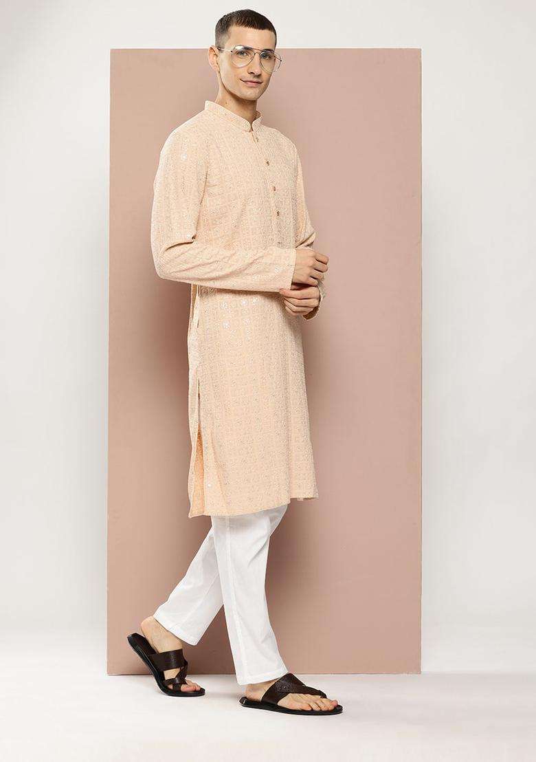 Beige Embroidered Viscose Kurta Set For Men - Indya